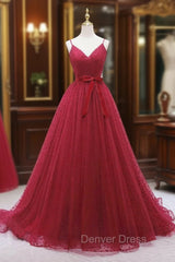 Burgundy Tulle Wave Point Prom Dresses
