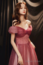 Burgundy Tulle With Beaded A-Line Prom Dress, Off The Shoulder Prom Dresses