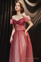 Burgundy Tulle With Beaded A-Line Prom Dress, Off The Shoulder Prom Dresses