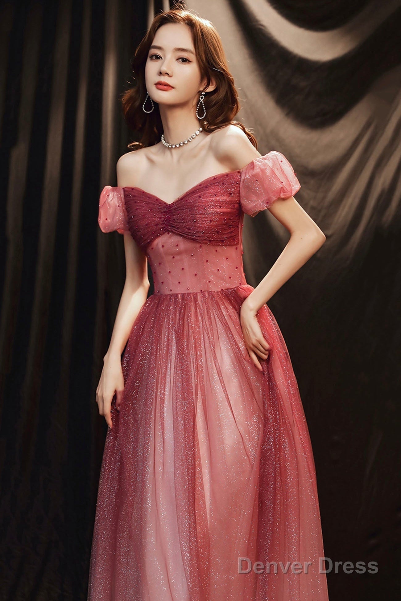 Burgundy Tulle With Beaded A-Line Prom Dress, Off The Shoulder Prom Dresses