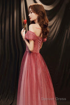 Burgundy Tulle With Beaded A-Line Prom Dress, Off The Shoulder Prom Dresses
