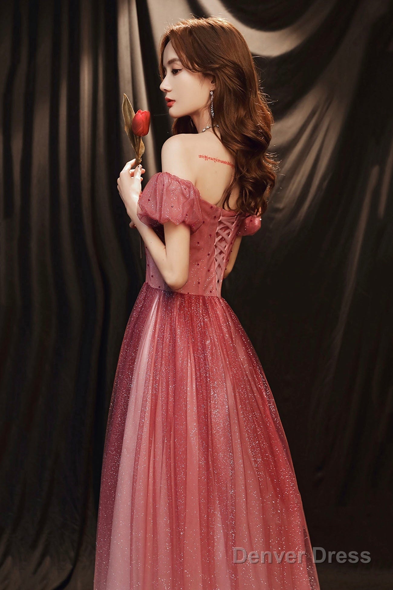 Burgundy Tulle With Beaded A-Line Prom Dress, Off The Shoulder Prom Dresses