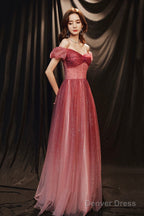 Burgundy Tulle With Beaded A-Line Prom Dress, Off The Shoulder Prom Dresses