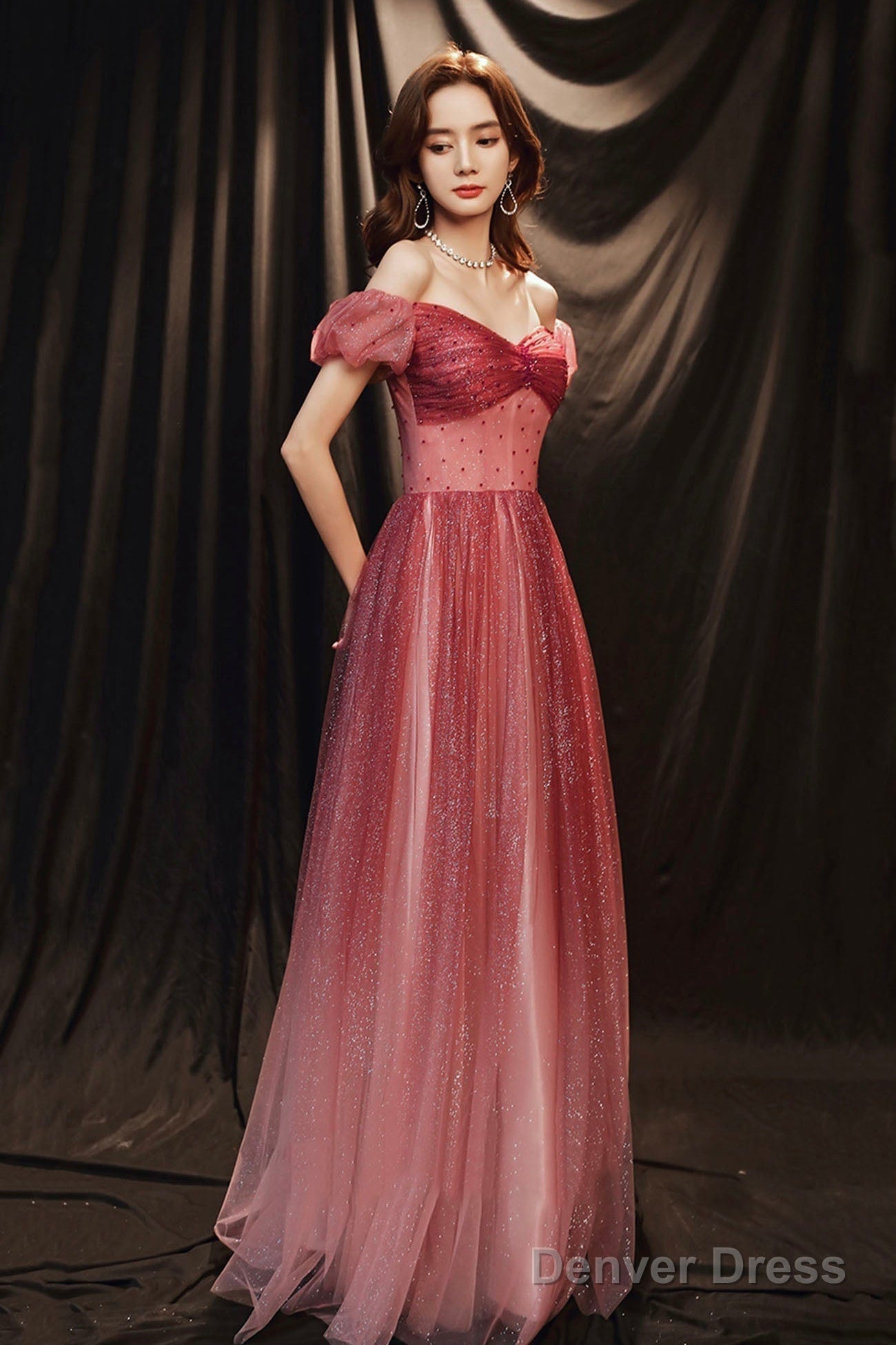 Burgundy Tulle With Beaded A-Line Prom Dress, Off The Shoulder Prom Dresses
