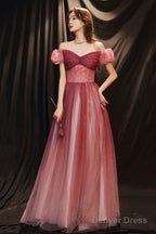 Burgundy Tulle With Beaded A-Line Prom Dress, Off The Shoulder Prom Dresses