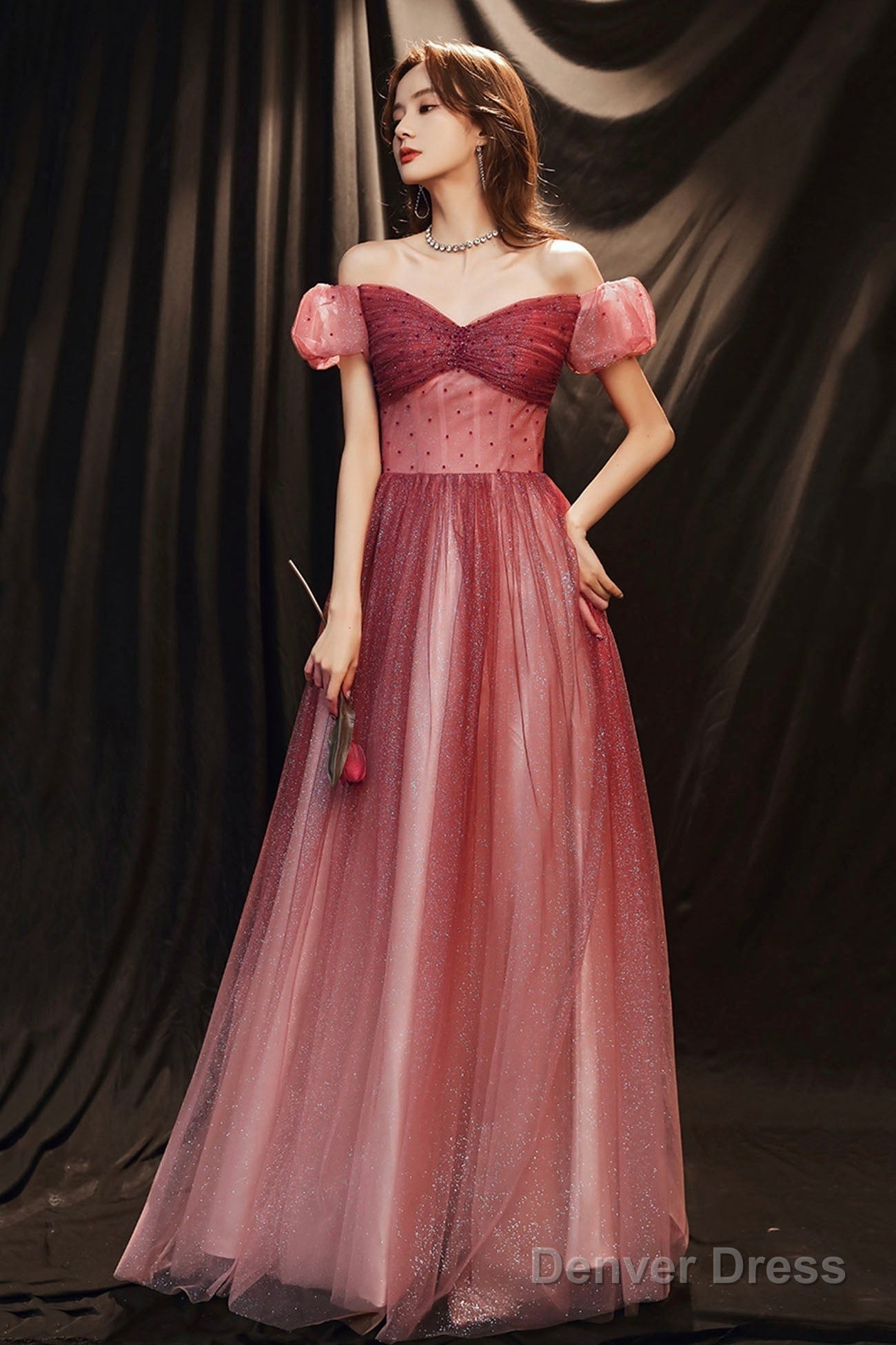 Burgundy Tulle With Beaded A-Line Prom Dress, Off The Shoulder Prom Dresses