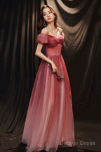 Burgundy Tulle With Beaded A-Line Prom Dress, Off The Shoulder Prom Dresses