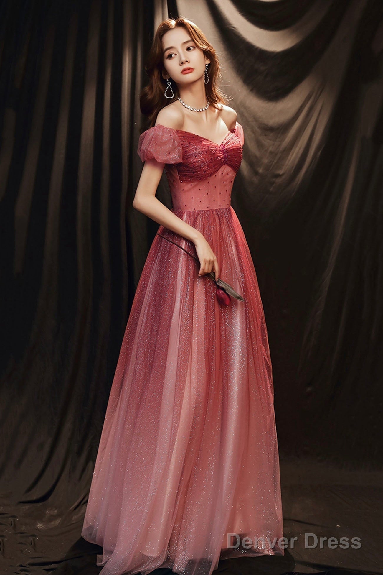Burgundy Tulle With Beaded A-Line Prom Dress, Off The Shoulder Prom Dresses