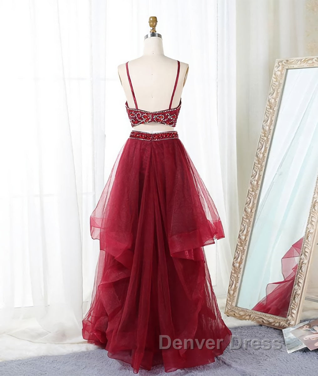 Burgundy two pieces beads long prom Dress, burgundy Prom Dresses