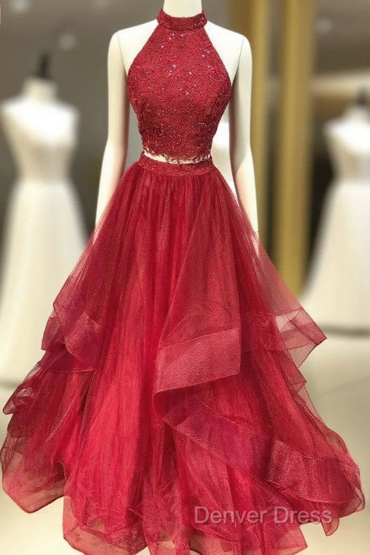 Burgundy Two Pieces Tulle Lace Long Prom Dress, Lace Prom Dresses