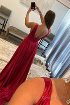 Burgundy V Neck Backless Long Prom Dresses with Lace