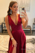 Burgundy V Neck Backless Long Prom Dresses with Lace