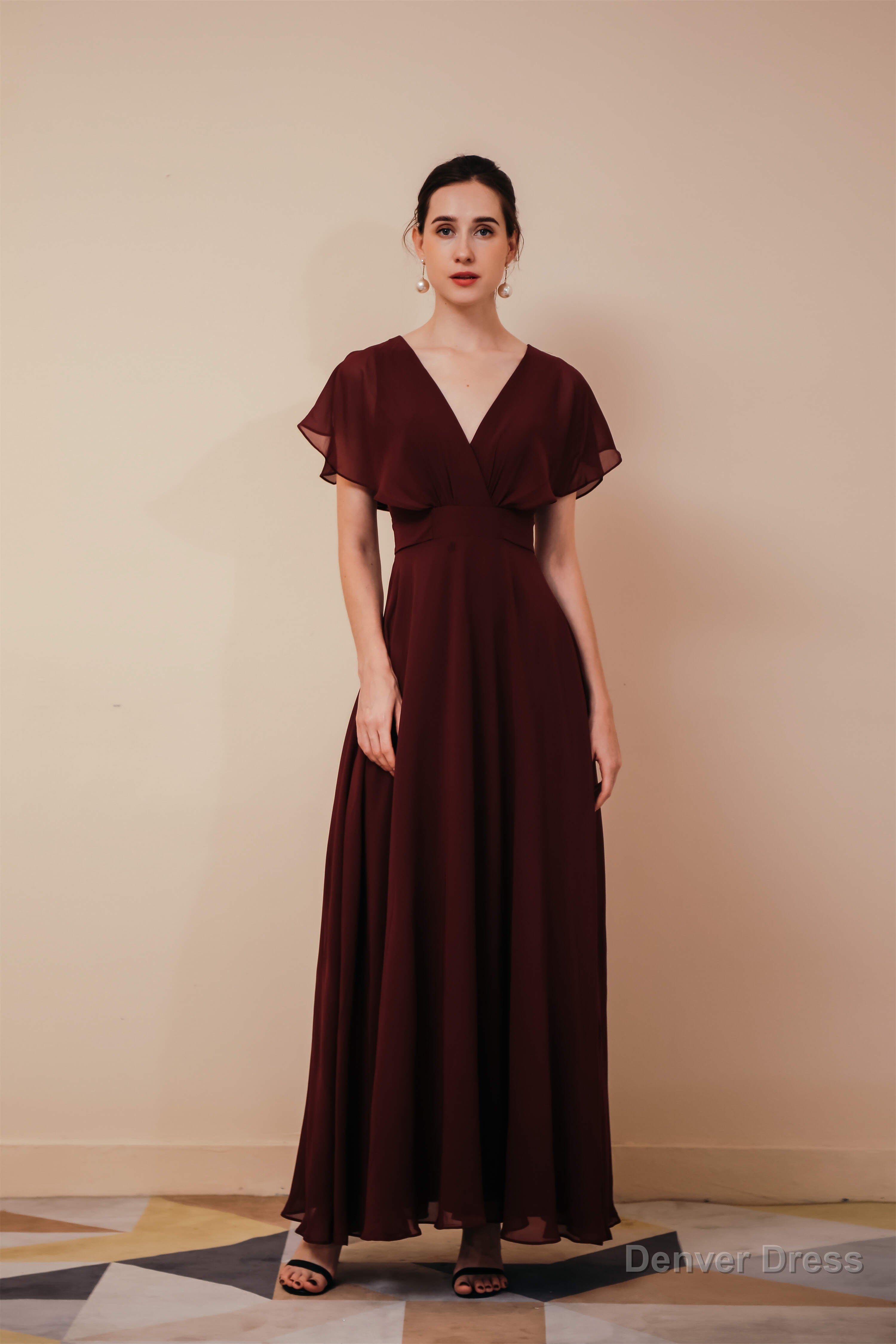 Burgundy V Neck Chiffon A Line Long Prom Dresses Main image