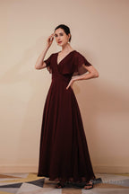 Burgundy V Neck Chiffon A Line Long Prom Dresses