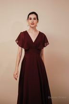 Burgundy V Neck Chiffon A Line Long Prom Dresses