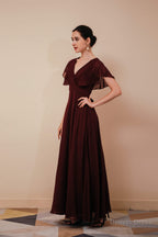 Burgundy V-Neck Chiffon A Line Long Prom Dresses