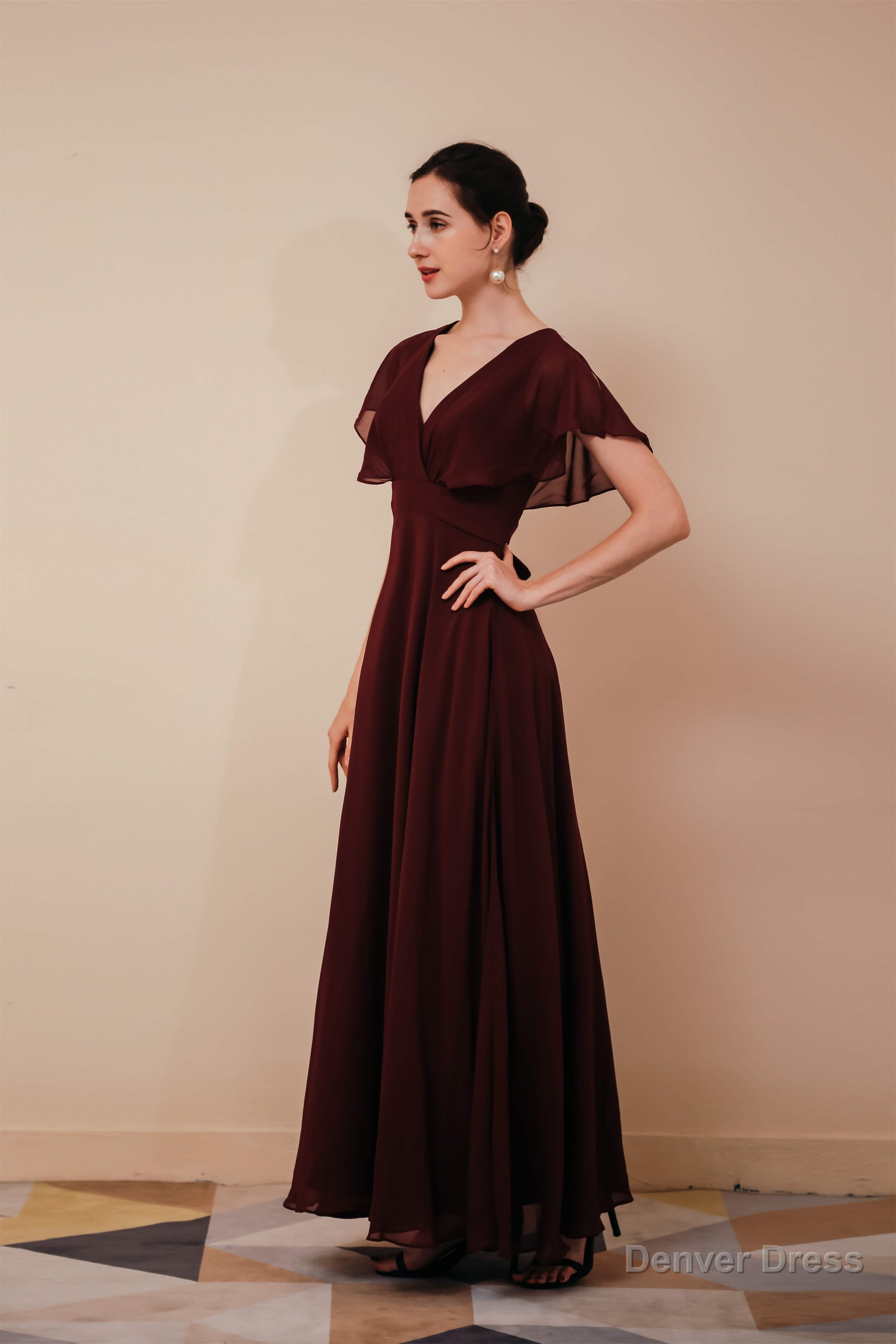 Burgundy V-Neck Chiffon A Line Long Prom Dresses