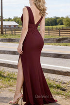 Burgundy V Neck Chiffon Bridesmaid Dress Long Prom Dresses With Pleated Split