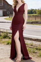 Burgundy V Neck Chiffon Bridesmaid Dress Long Prom Dresses With Pleated Split