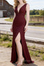 Burgundy V Neck Chiffon Bridesmaid Dress Long Prom Dresses With Pleated Split