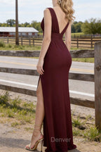Burgundy V Neck Chiffon Bridesmaid Dress Long Prom Dresses With Pleated Split