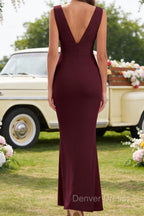 Burgundy V Neck Chiffon Prom Dress Long Bridesmaid Dresses With Pleated Split