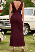 Burgundy V Neck Chiffon Prom Dress Long Bridesmaid Dresses With Pleated Split
