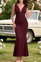 Burgundy V Neck Chiffon Prom Dress Long Bridesmaid Dresses With Pleated Split