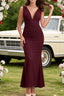 Burgundy V Neck Chiffon Prom Dress Long Bridesmaid Dresses With Pleated Split