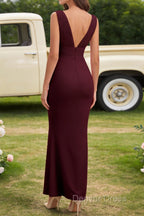 Burgundy V Neck Chiffon Prom Dress Long Bridesmaid Dresses With Pleated Split