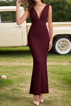 Burgundy V Neck Chiffon Prom Dress Long Bridesmaid Dresses With Pleated Split