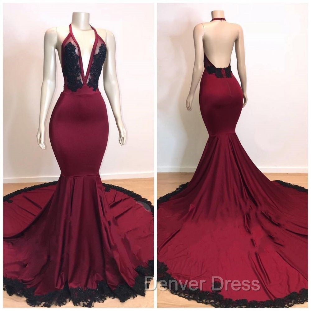 Burgundy V Neck Halter Appliques Long Mermaid Prom Dresses