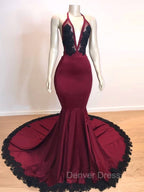 Burgundy V Neck Halter Appliques Long Mermaid Prom Dresses