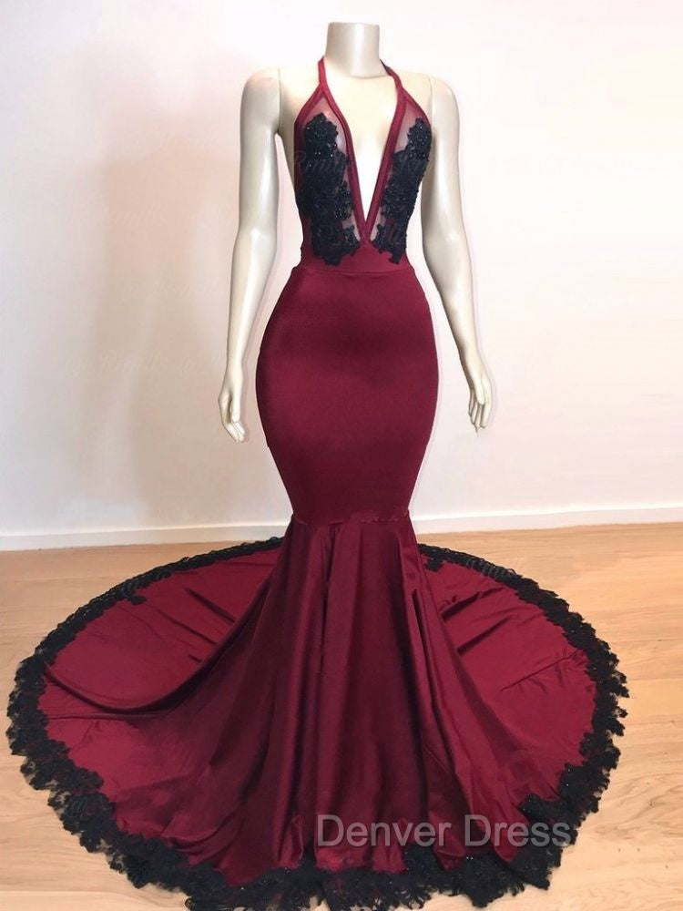 Burgundy V Neck Halter Appliques Long Mermaid Prom Dresses