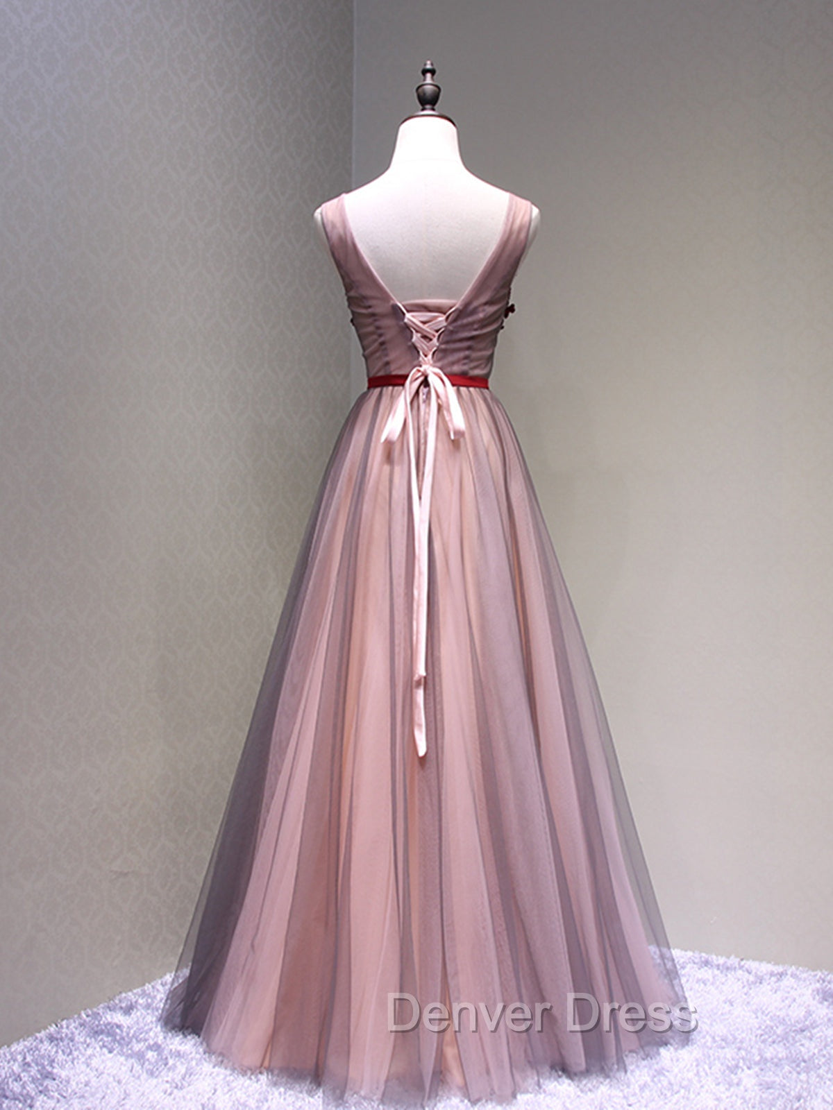 Burgundy V Neck Lace Floral Long Prom Dresses, Burgundy V Neck Long Formal Evening Dresses Secondary image