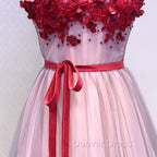 Burgundy V Neck Lace Floral Long Prom Dress, Burgundy V Neck Long Prom Dresses