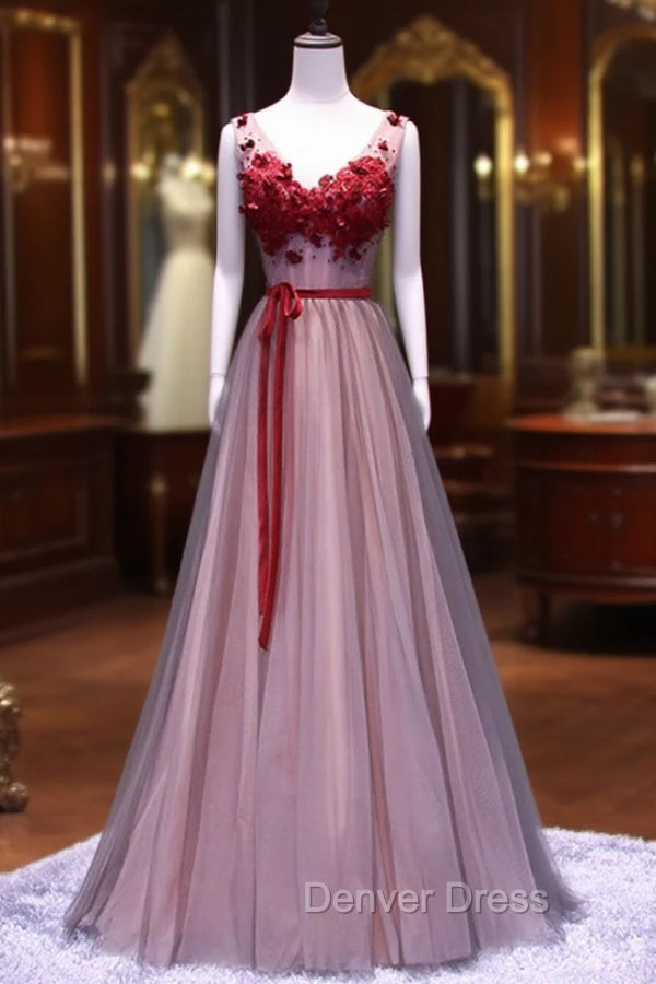Burgundy V Neck Lace Floral Long Prom Dresses, Burgundy V Neck Long Formal Evening Dresses