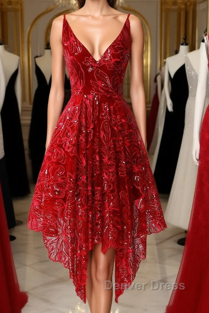 Burgundy v neck lace high low prom Dress lace Prom Dresses Main image