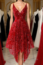 Burgundy v neck lace high low prom Dress lace Prom Dresses