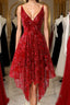Burgundy v neck lace high low prom Dress lace Prom Dresses