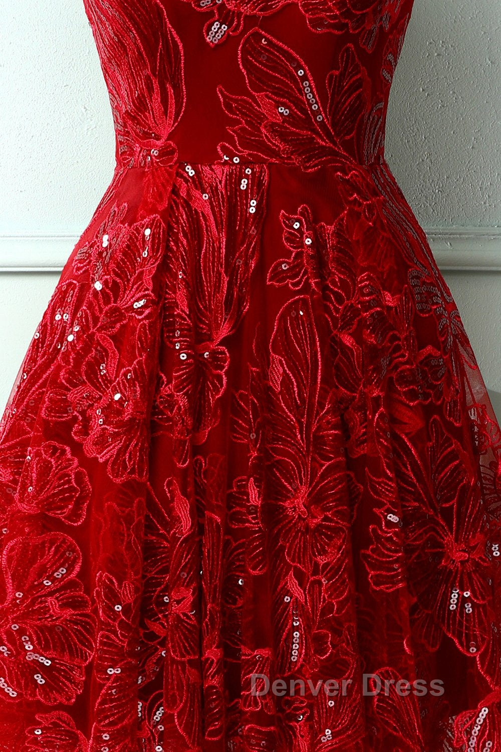 Burgundy v neck lace high low prom Dress lace Prom Dresses Secondary image