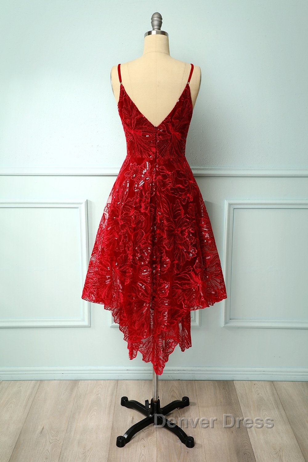 Burgundy v neck lace high low prom Dress lace Prom Dresses
