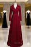 Burgundy V Neck Long Sleeve Prom Dresses