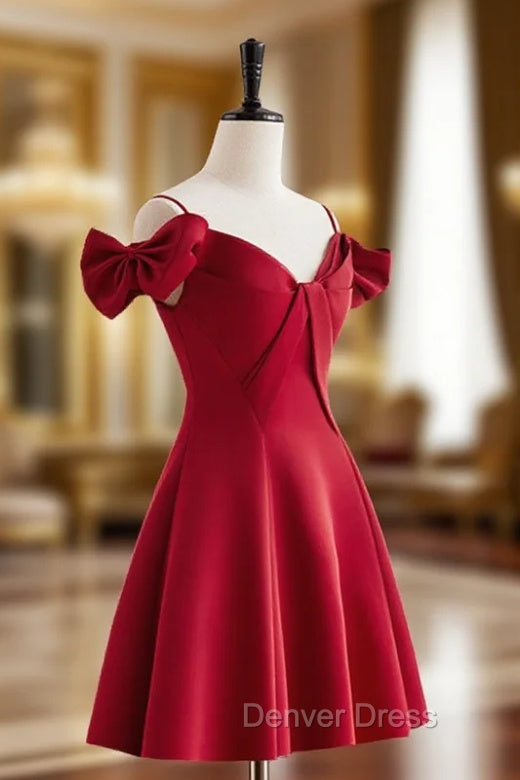 Burgundy  V Neck Satin Short Prom Dresses, Burgundy Homecoming Dresses Main image