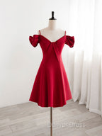 Burgundy V Neck Satin Short Prom Dress, Burgundy Homecoming Dresses