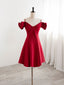 Burgundy V Neck Satin Short Prom Dress, Burgundy Homecoming Dresses