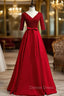 Burgundy V Neck Satin Short Sleeve Sequins Prom Dresses