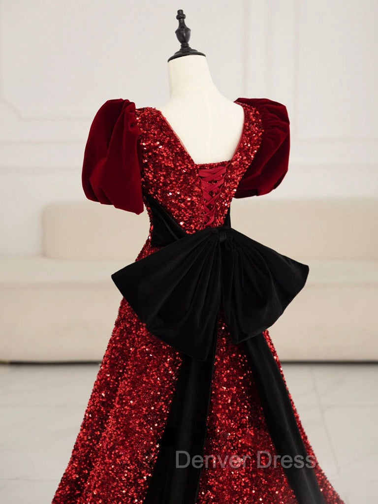 Burgundy V Neck Sequin Long Prom Dresses, Burgundy Evening Dresses Secondary image