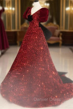 Burgundy V Neck Sequin Long Prom Dress, Burgundy Prom Dresses
