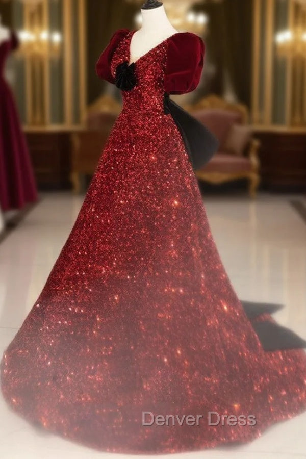 Burgundy V Neck Sequin Long Prom Dress, Burgundy Prom Dresses